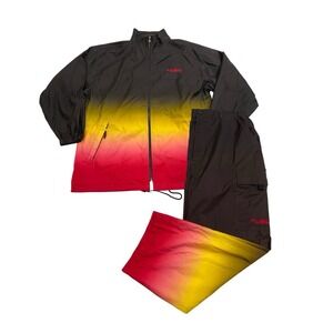 Vintage FUBU Ombre TrackSuit XL 90s Y2K Baggy Wide Leg Hip Hop Black Red Yellow